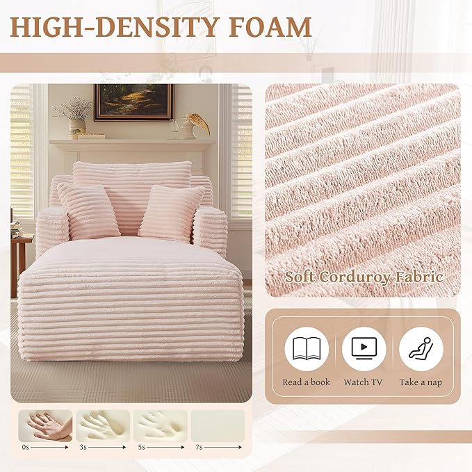 Oversized Chaise Lounge Chair Indoor Modern Corduroy Lounge Couch Comfy Upholstered Sleeper Sofa with Throw Pillows Fluffy Reading Chair Bed for Living Room Pink