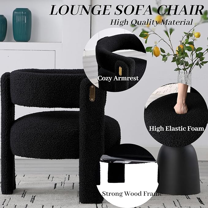 Wahson Modern Barrel Accent Chairs Set of 1 | Boucle Upholstered Armchair Single Sofa Chair Side Chair Reading Chair Living Room Chair | Three Legs Black Sherpa
