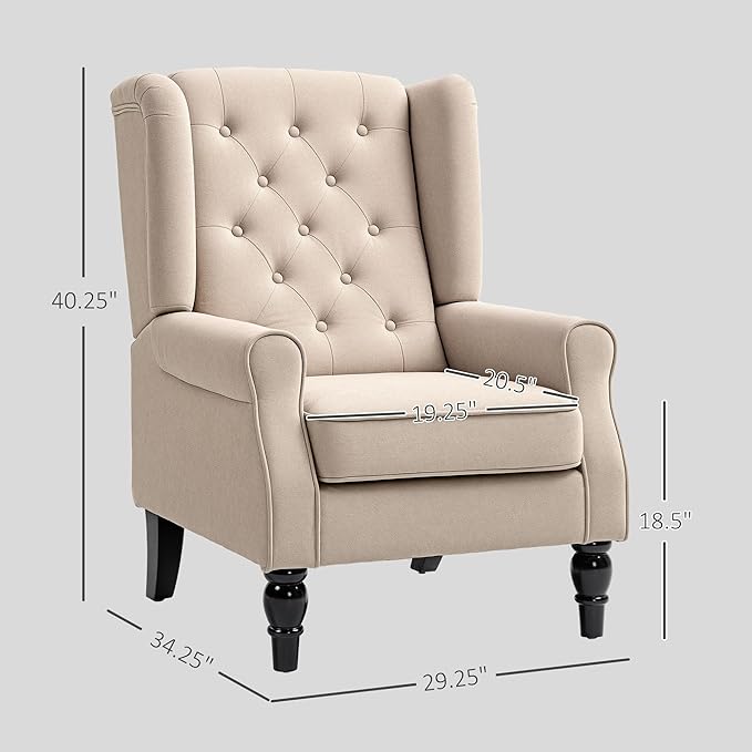 HOMCOM Mid-Century Modern Accent Chair High Wingback Reading Chair Button-Tufted Upholstered Fabric Armchair with Retro Wood Legs for Apartment Living Room Bedroom Beige