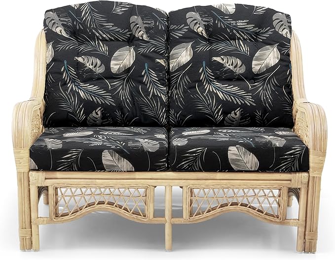 Malibu Lounge Loveseat Sofa Natural Rattan Wicker Handmade Design Natural Color with Black Leaf Cushions