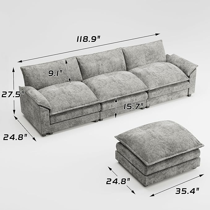 Shahoo Sectional Modular Sofa L Shaped Chenille Fabric Couch with High Supportive &amp Soft Sponges and Removable Ottoman Sleeper Comfy Upholstered Furniture for Living Room Grey