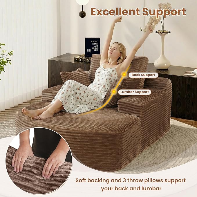 Oversized D-Shape Lounge Chair Indoor Single Foam Upholstered 67-inch Corduroy Boneless Deep Seat Circle CouchCloud Couch Lounge Floor Sofa Chair for Reading Room Brown