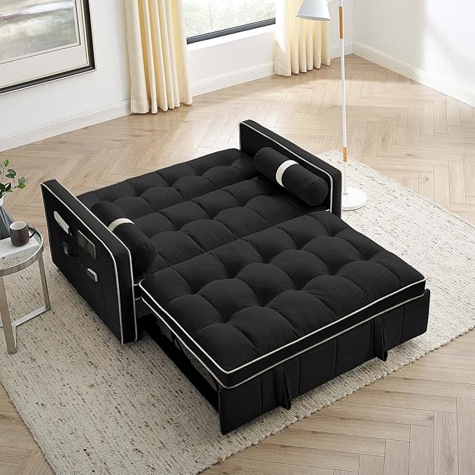 Sleeper Sofa Couch w/Pull Out Bed 55 New Upgraded Tufted Velvet Convertible Sleeper Couch Bed Small Love seat Sofa w/ 2 Pillows for Small Space Living Room Apartment Black