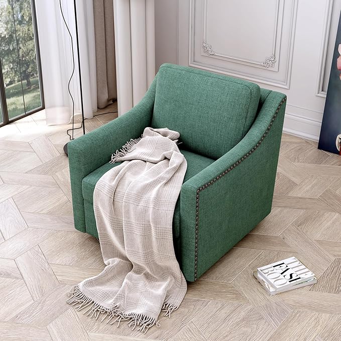 Linen Armchair360°Rotation ArmchairBrass Nail Decorative ArmchairUpholstered ArmchairModern Accent Chair for Small ApartmentLiving RoomOfficeReception AreaBlackish Green