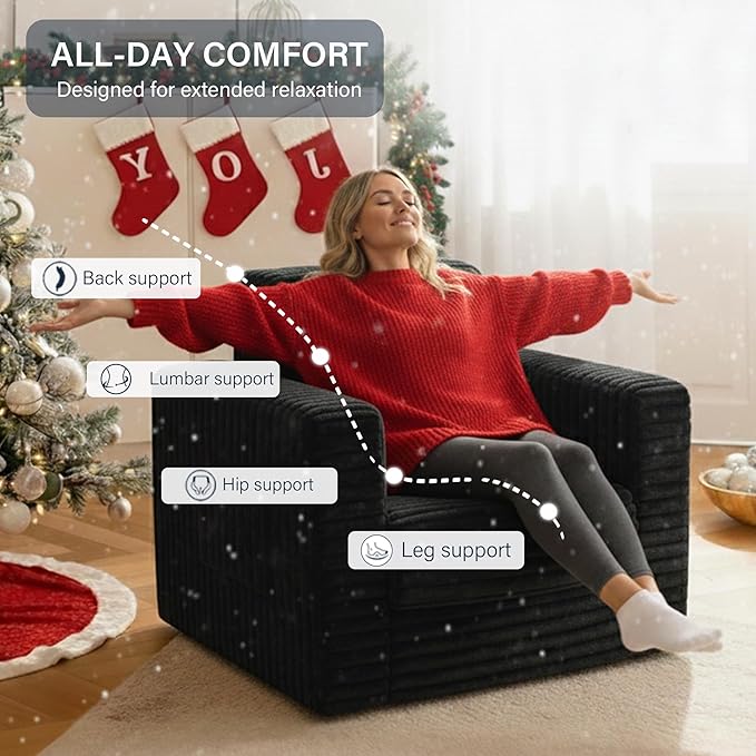 Welnow Folding Sofa Bed with Ottoman Convertible 2-in-1 Boneless Couch Futon Lounge Chair Bed for Adults Comfy Fold Out Sleeper Sofa for Small Spaces Living Room Bedroom or Dorm Black