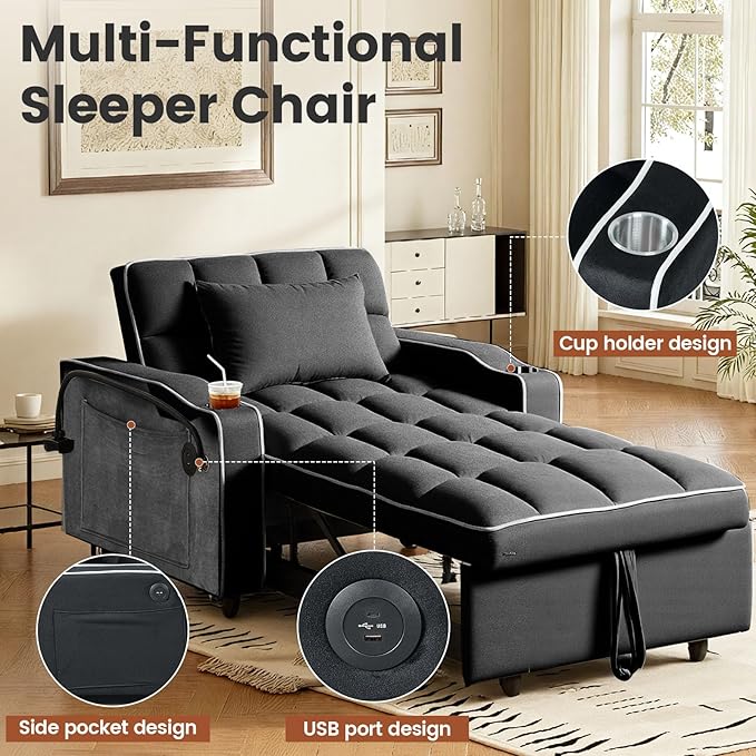Convertible Sleeper Chair Bed Pull Out Chair Sleeper with Bracket and Cup Holder Chairs Bed Sleepers for Adults 3 in 1 Sofa Bed Chairs for Small Spaces Living Room Black
