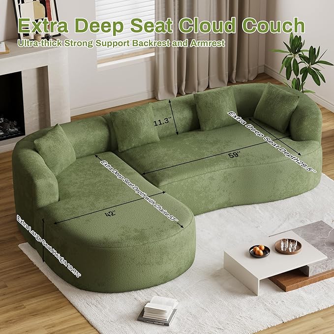 Oversized Sectional Sofa with Left Chaise for Living Room 111 Modern Curved L Shape Cloud Couch with Extra Deep Seat Modern Luxury Chenille 4 Seater No Assembly Required Green