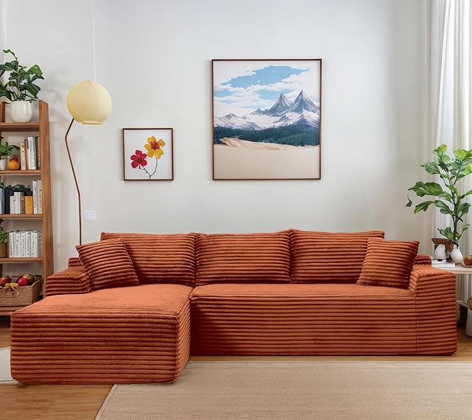 108 Cloud Modular Sectional Couch with Moveable Ottoman Modern Minimalist Upholstered Boneless Couch Deep Seat Corduroy Corner Couches (Orange 108 Left Facing Chaise)