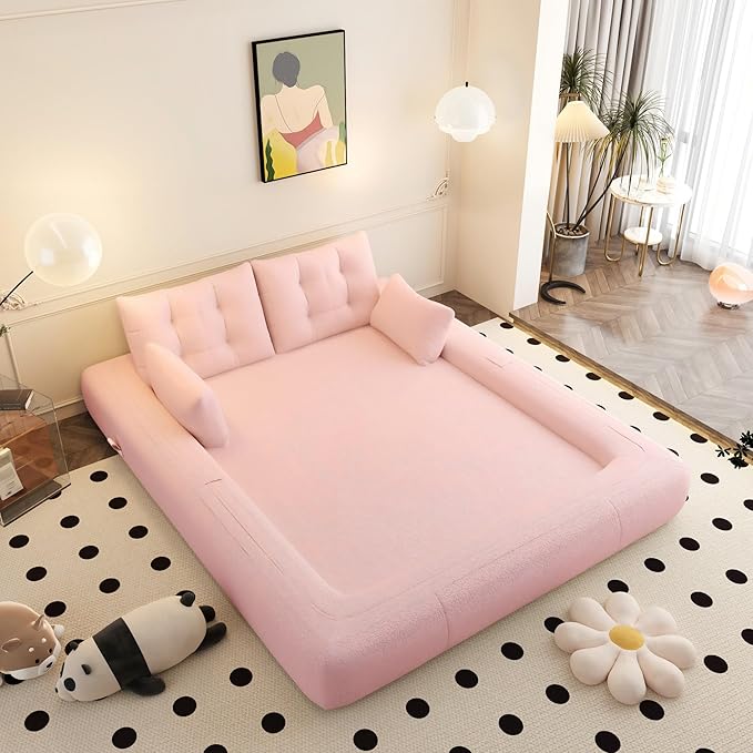 78.7 Folding Sofa Bed Queen Foldable Floor Futon Sofa Sleeper Convertible Boneless Mattress Loveseat Cloud Couch for Home Living Room Bedroom Lounge Apartment and Small Spaces Pink Teddy