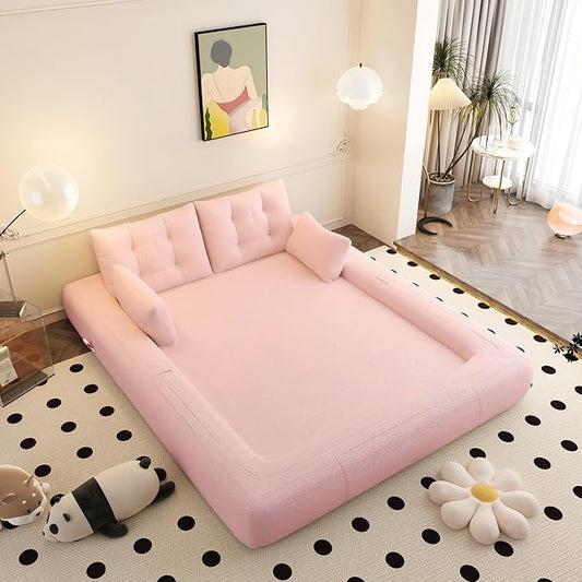 78.7 Folding Sofa Bed Queen Foldable Floor Futon Sofa Sleeper Convertible Boneless Mattress Loveseat Cloud Couch for Home Living Room Bedroom Lounge Apartment and Small Spaces Pink Teddy