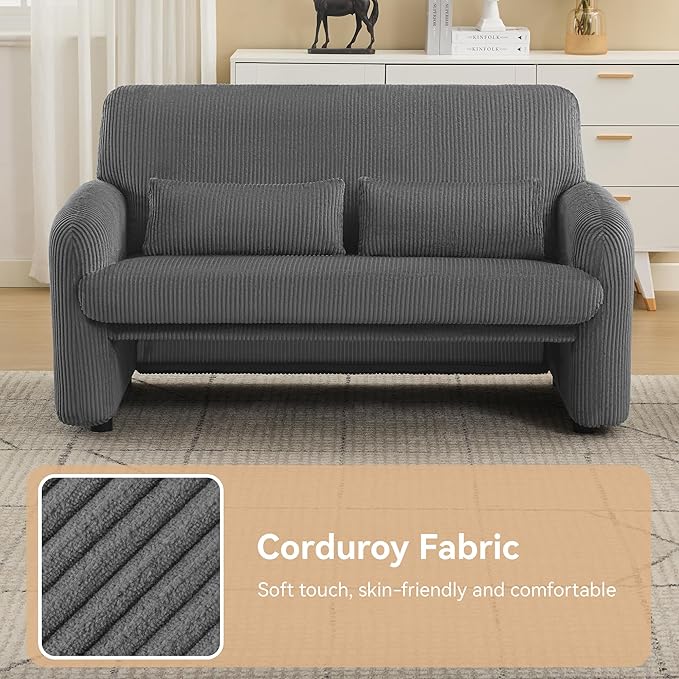 56'' Corduroy Loveseat Sofa 2 Seater Love Seat Couch for Small Space Comfy Upholstered Modern Leisure Loveseat Couches with Lumbar Pillows for Bedroom Office Living Room Grey