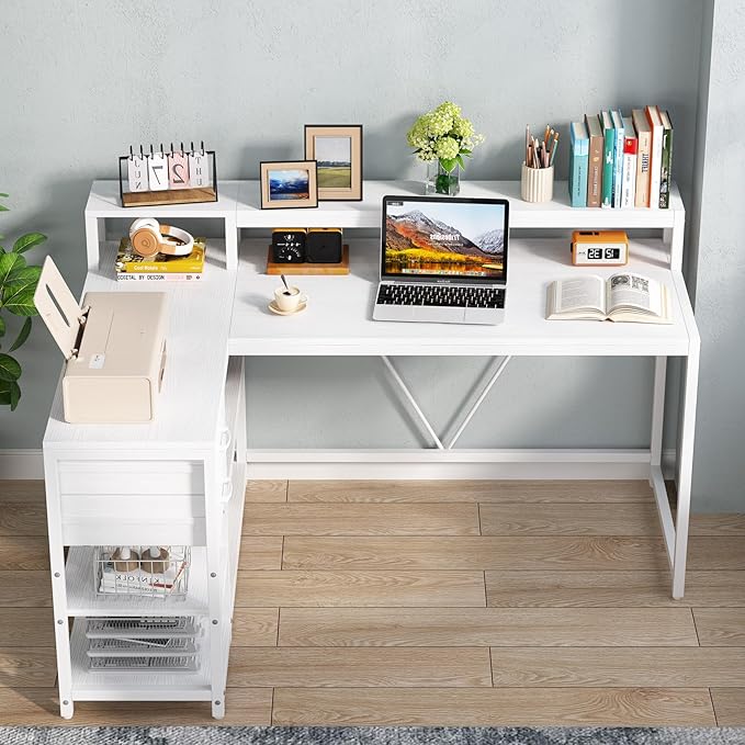 Tribesigns 55-inches Reversible L Shaped Desk with Drawer Modern White L Corner Desk Home Office Table with Storage Shelves and Monitor Stand Wooden and Metal PC Desk for Small Space