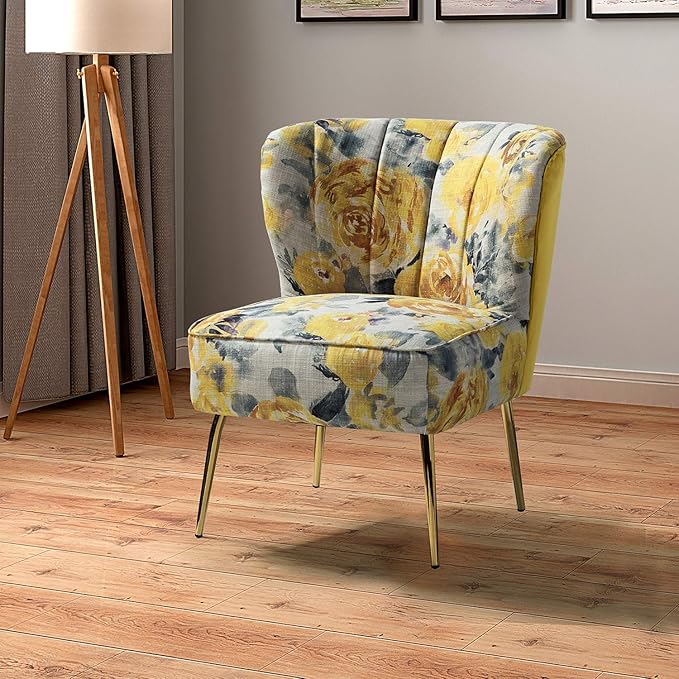 Tina's Home Accent Chair with Golden Legs Comfy Tufted Wingback Living Room Chair Floral Fabric Small Armless Side Chair Upholstered Slipper Chair for Bedroom Reading Room (Flower Print Yellow)