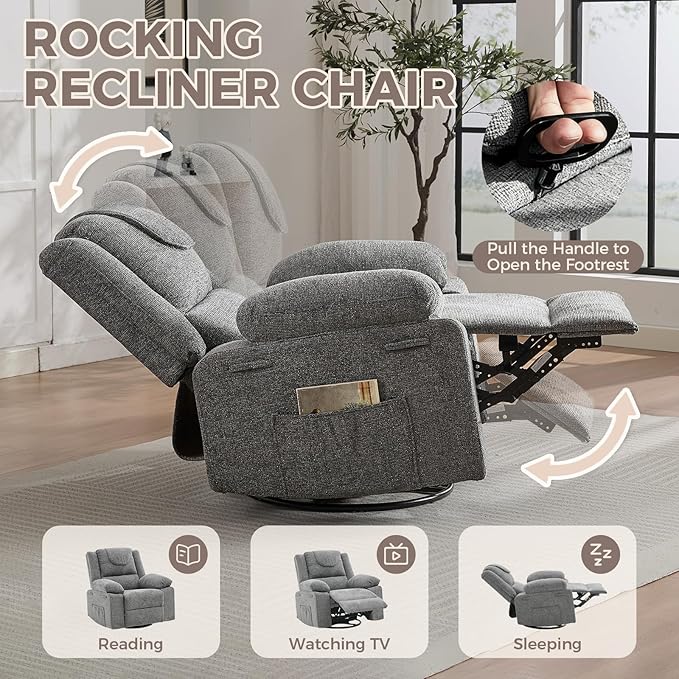 Oversized Rocker Recliner Chair for Adults 360° Swivel Glider Nursery Recliner with Vibration Massage &amp Heat Single Sofa for Living Room &amp Bedroom (Grey)