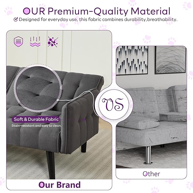 TYBOATLE 65“ Convertible Futon Sofa Bed w/ 2 USB Upholstered Tufted Small Adjustable Folding Couch Loveseat Modern Mid Century Sleeper Sofa for Living Room Bedroom Apartment Office (Dark Grey)