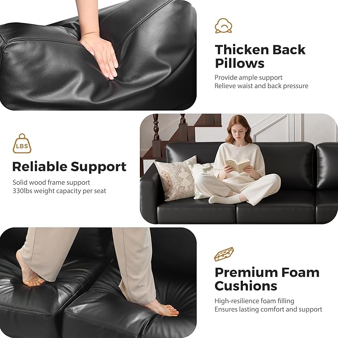 ABCASA Faux Leather Loveseat Sofa Sleeper Bed with Storage Seat 64.6 Modular Sectional Couch Deep Seat with Reversible Chaise 2-Seat Black