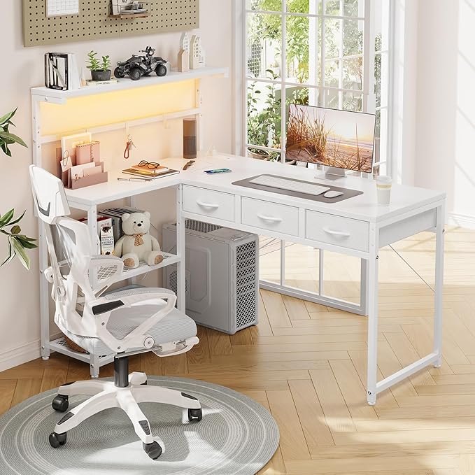 Grandder 50 Inch L Shaped Gaming Desk with 3 Drawers &amp Storage Shelves &amp Hutch Computer Desk with USB Ports Study Writing Table for Bedroom Simple Modern Laptop Desk for Home Office White