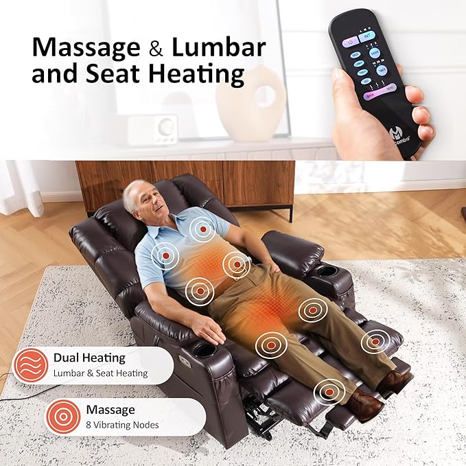 MCombo Large Triple Motor Power Lift Recliner Chair with Massage and Dual Heating Adjustable Headrest for Tall Elderly People Faux Leather 7634 (Dark Brown Large)