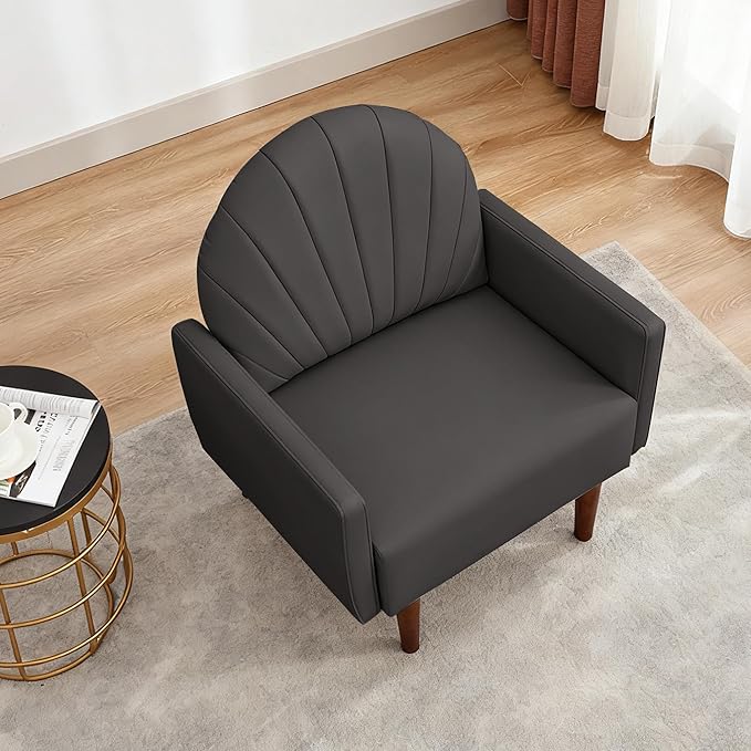 Mid-Century Accent Chairs PU Leather Modern Upholstered Living Room Chair Cozy Armchair Button Tufted Back and Wood Legs for Bedroom Office Cafe (Dark Grey)
