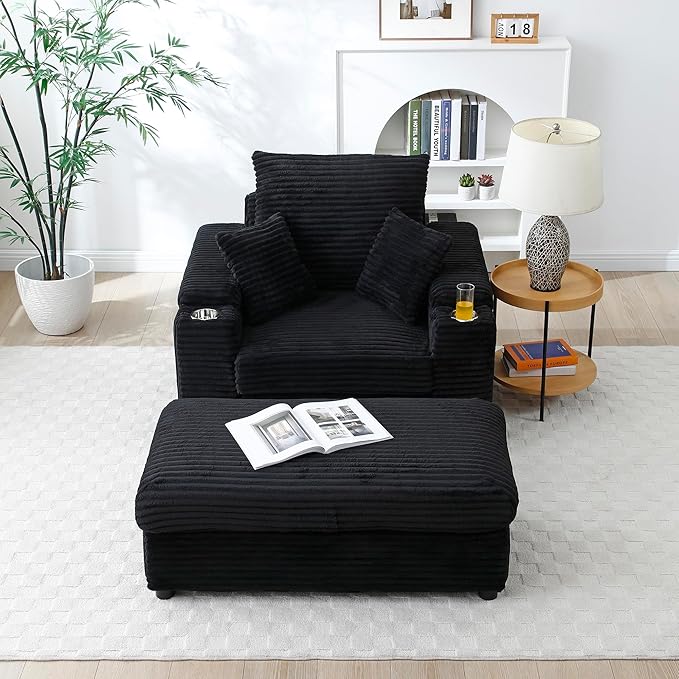 43.3 W Corduroy Chaise Lounge Chair with with Cup Holders &amp Storage Ottoman Comfy Sleeper Chair with 2 Pillow Extra Wide Armrests Modern Deep Seat Reading Armchair for Living Room (Black)