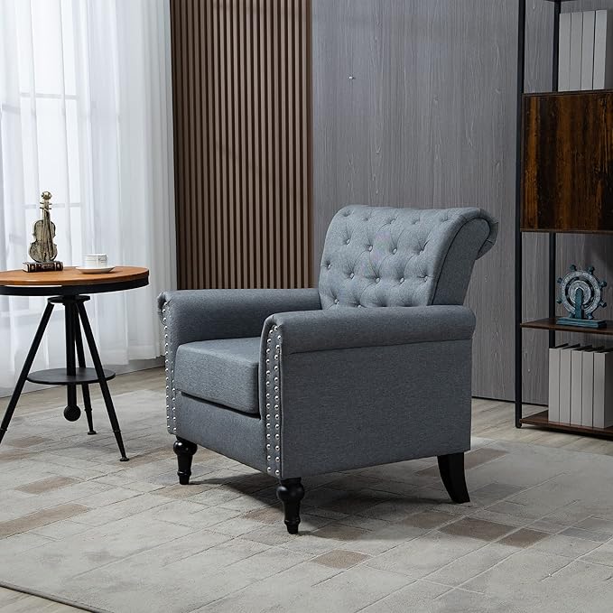 Mid Century Modern Accent Chair Linen Armchair wTufted BackWood Legs Upholstered Lounge Arm Chair Single Sofa for Living Room Bedroom Gray