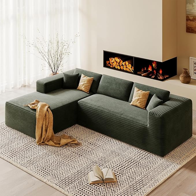 108” Boneless Couches for Living Room L-Shape Modular Sectional Sofa Couches High Rebound Sponge Comfy Fluffy Corduroy Cloud Couch with Oversized Chaise and Deep Seat (Olive Green)