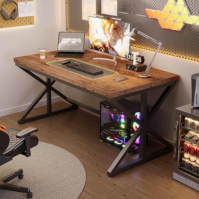 IBF 55” Rustic Computer Desk Industrial Brown Home Office Desk Wooden Metal Executive Pc Computer Desk Table Wood Student Gaming Study Computer Table for Bedroom Living Room Rustic Brown 55 Inch