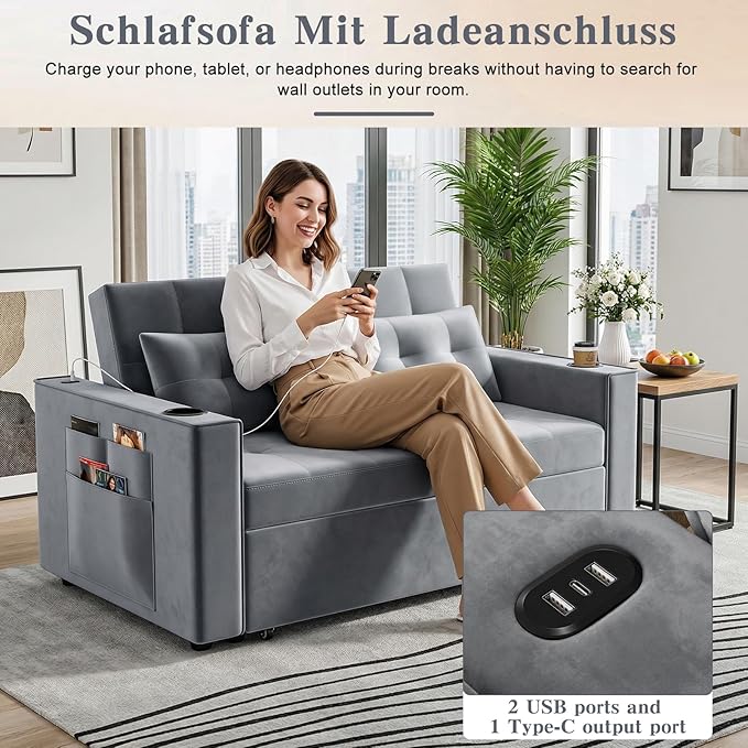70 Convertible Sofa Couch 3-in-1 Pull Out Sleepers Sofa Bed with Charging Station Cup Holders &amp Side Pocket Adjustable Backrest Folding Loveseat Floor Couch for Small Space Living Room Apartmen