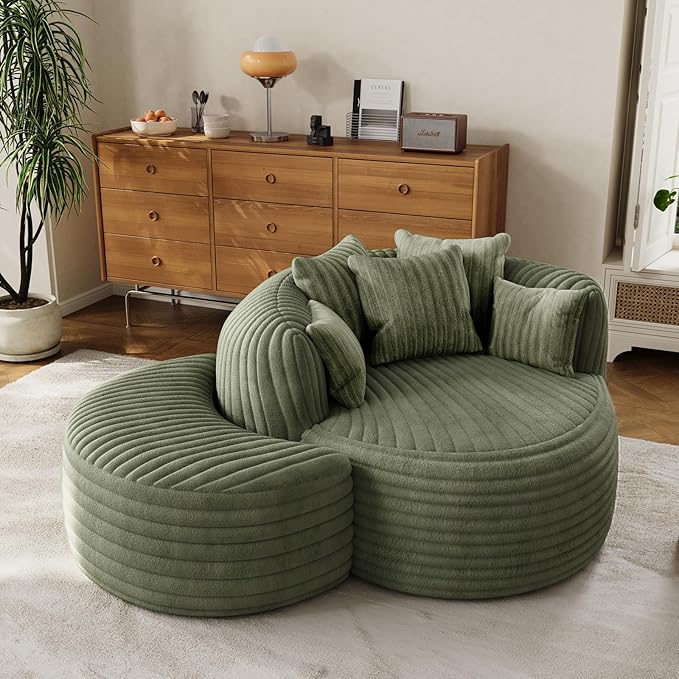 50 Oversized Chaise Lounge Indoor Round Reading Chair Lounge Chair with Ottoman Boneless Sofa Bed Large Fluffy Plush Corduroy Chaise Chair for Living Room Playroom Bedroom Green
