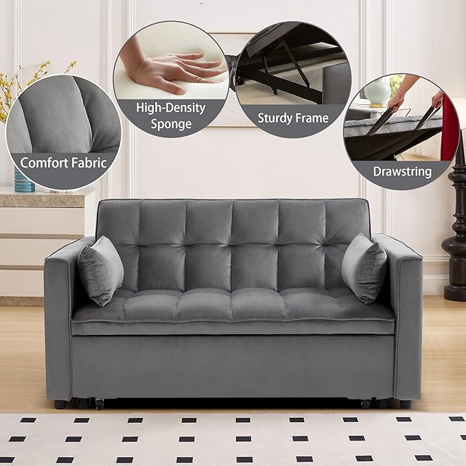 70 3-in-1 Velvet Sleeper Sofa Bed Convertible Pull Out Couch w/Adjustable Back Armrests &amp Storage. Modern Black Futon for Living Room Bedroom Small Space - 2 Pillows Included Grey