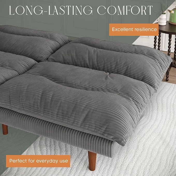 LLappuil Futon Sofa Bed 69 inch Futon Couch with Adjustable Backrest Corduroy Convertible Sleeper Sofa Bed Folding Sleeper Recliner Loveseat for Apartment Living Room Office (Grey)