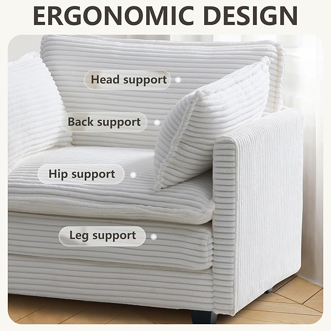 Polar Aurora Oversized Modular Sectional Sofa Chair Deep Seat Armchair Upholstered Couch 2 Armrest Pillows Single Sofa Modern Corduroy Sofa for Living Room Bedroom Apartment Office
