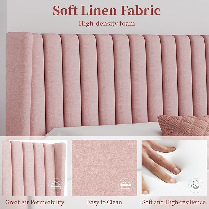 Yaheetech Queen Bed Frame Upholstered Platform Bed with Fabric Headboard Wing Edge Design/Non-Slip and Noise-Free/Wooden Slats Support/No Box Spring Needed/Easy Assembly Pink Queen Bed