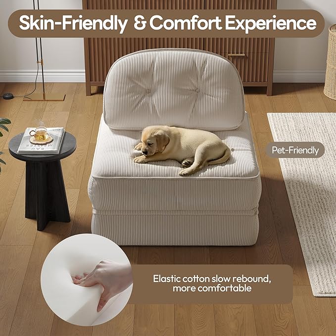 Dowinx Folding Sofa Bed with Pillow Convertible Comfy Couch Bed for Adults Home Lounge and Gaming Modern Comfortable Design for Apartment Living Room Bedroom Single Ribbed Velvet White