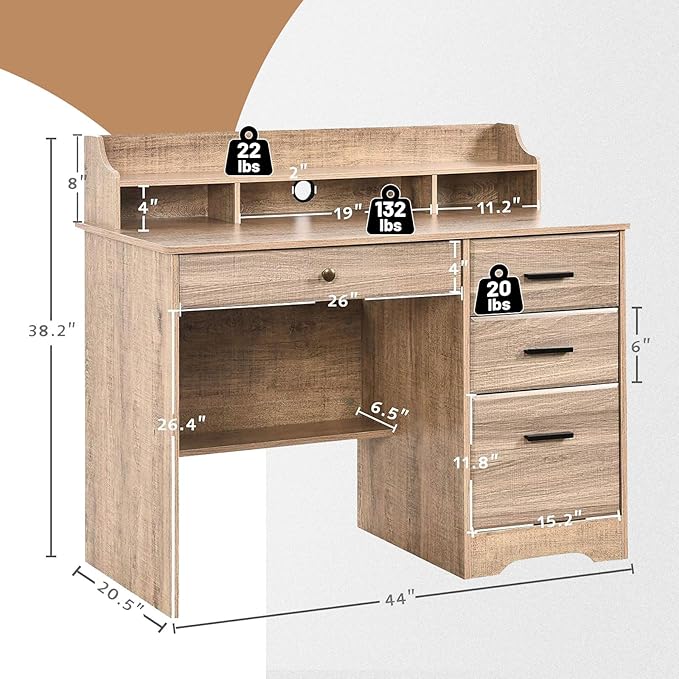Catrimown Computer Desk with 4 Drawers and Hutch Wood Executive Desks with File Drawer and Shelves Small Desk Study Table for Bedroom Student Teen Writing Laptop Table Grey