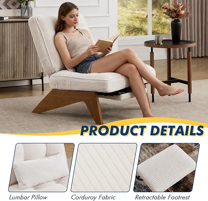 Accent Chair with Ottoman Adjustable Backrest Stripe Living Room Chair Indoor Lounge Chair with Build-in Footrest Set Modern Chair Cozy Reclining Chair for Reading Room Beige