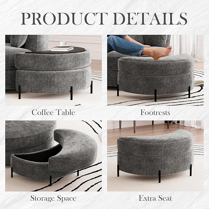 Aoiy &amp Wifon 50'' W Oversized Swivel Barrel Chair with Storage Ottoman Gray Round Accent Chair with Half Moon Ottoman for Living Room Deep Seat &amp Extra Wide Chenille