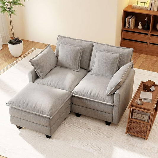 Ihanherry 57 L Shaped Modular Sectional Cloud Sofa Modern 3 Seat Chenille Couch with Ottoman for Living Room Bedroom and Apartment Grey