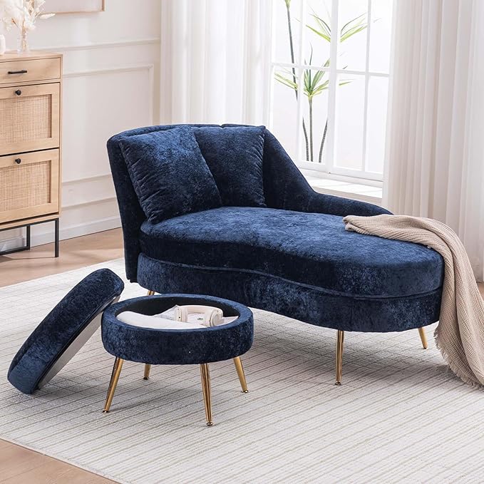 Chaise Lounge Chair Indoor Chenille Upholstered Chair with Left Armrest &amp Pillow Modern Lounge Chairs Sofa with Footstool for Living Room Bedroom Office (Blue)