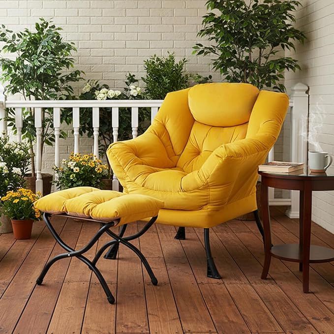 Tiita Lazy Chair with Ottoman Yellow Modern Large Accent Armchair Comfy Leisure Sofa Reading Chair with Footrest for Bedroom Living Room Dorm Rooms Garden Velvet Yellow