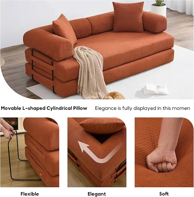 79 Inch Convertible Sleeper Sofa Bed 5 in-1 Boneless Floor Couch Bed with Fixed-Shape Frame Modular Floor Sofa Futon Couch for Living Room RV Studio Bedroom Small Spaces Orange
