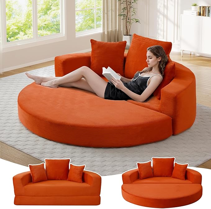 67” Oversized Round Sofa Bed 2 in 1 Convertible Circle Bed Folding Futon Lazy Floor Round Chaise Lounge Chair Comfy Corduroy Boneless Loveseat Couch for Living Room Apartment No Assembly (Orange)
