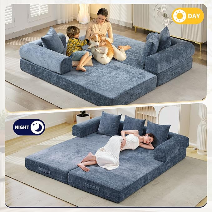 3 in 1 Convertible Futon Sofa Bed Modern King Size Chenille Loveseat Sleeper Sofa Folding 3-Seater Foldable Lounger Couch Bed for Living Room Bedroom Guest Room (Blue 3 Throw Pillows)