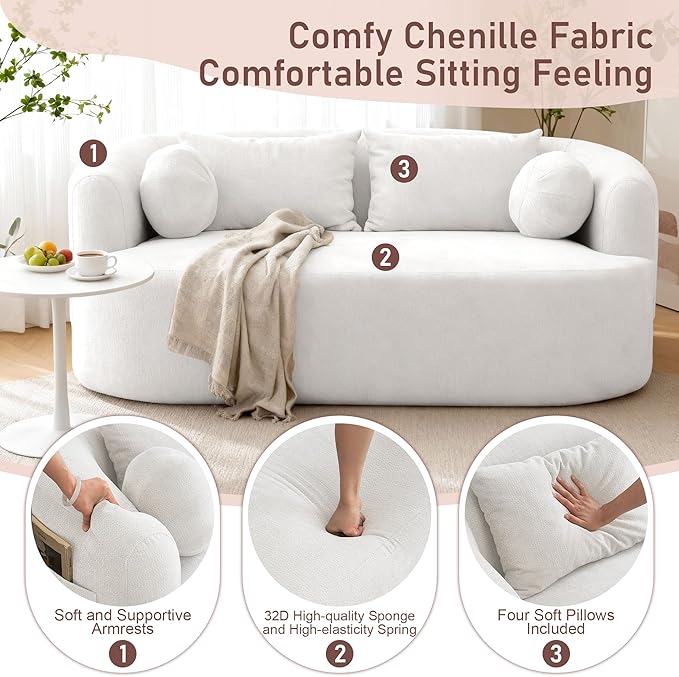 Loveseat Sofa 67.3 Boneless Curved Sofa Filling with Foam and Spring Chenille Small Love Seat for Small Spaces 4 Pillows and Side Pocket Living Room Apartment Bedroom No Assembly