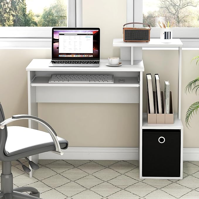 Giantex White Computer Desk with Drawers &amp Keyboard Tray Modern Home Office Desk with Storage Shelves &amp Printer Stand Laptop PC Table for Workstation Study Writing Desk for Small Spaces Be