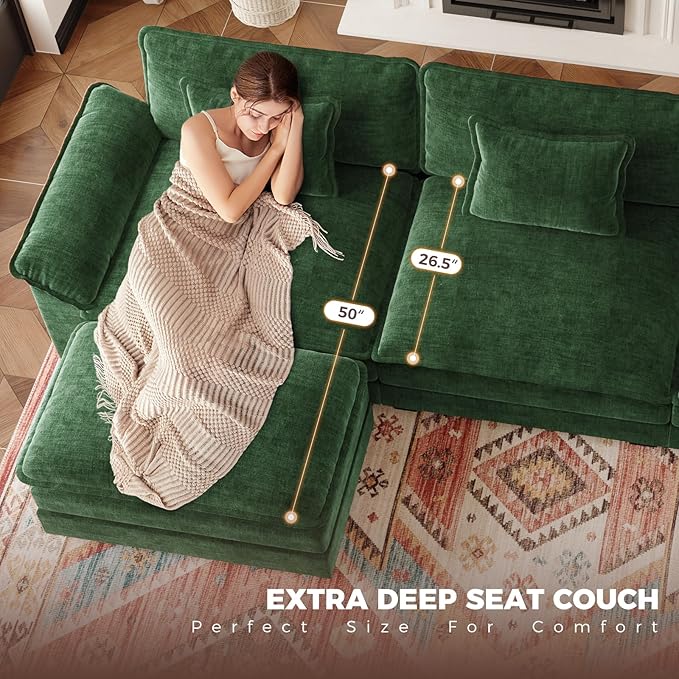 HUSFU 120 Cloud Couch Modular Sectional Sofa with Ottoman 3-Seat Modern Chenille Upholstered U-Shaped Deep Seat Sofa Couch for Living Room Bedroom and Apartment Green