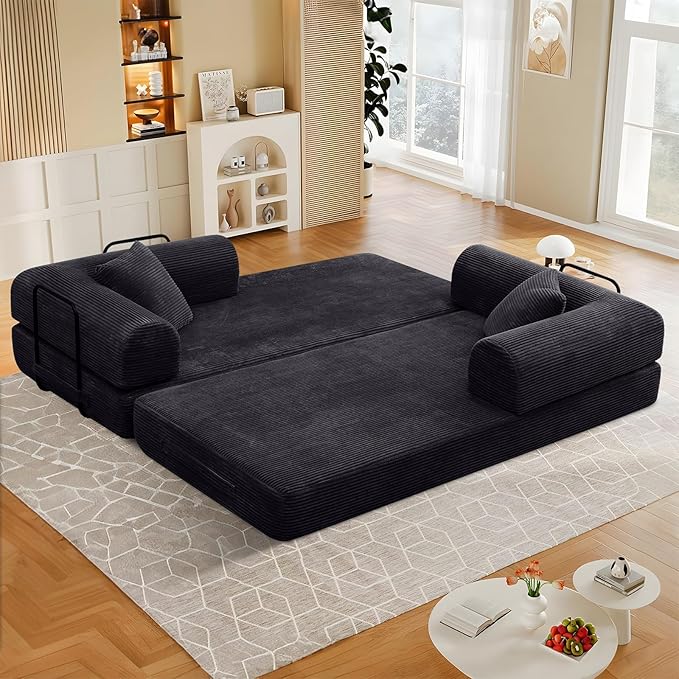 78 Convertible Sleeper Sofa Bed with Cylindrical Pillow Corduroy Folding Mattress Couch with Fixed Frame Floor Sofa Lounge Couch for Living Room Bedroom Apartment Black