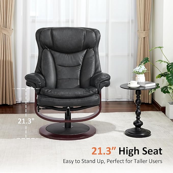 MCombo Oversized Swivel Recliner Chair with Ottoman Adjustable Backrest 360° Wood Base High Seat Faux Leather Lounge Chair for Tall Users in Living Room Bedroom or Office 4651 (Dark Grey)