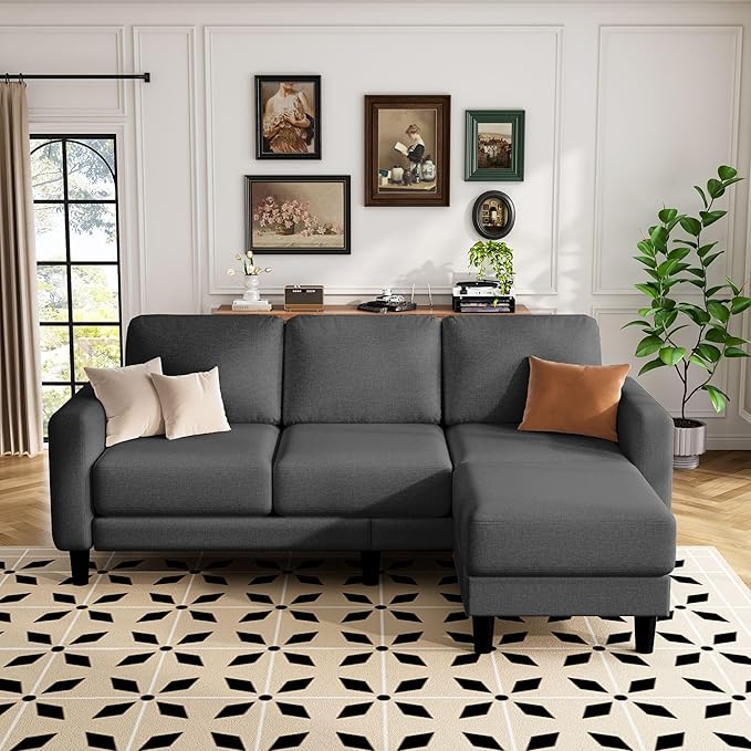 ZeeFu 73 Sectional Sofa Couch for Living Room L Shaped Couch with Extra Thick Deep Seat Cushions 3 Seater Convertible Sofa with Movable Ottoman for Small Apartment 650lbs Heavy Duty (Dark Grey)