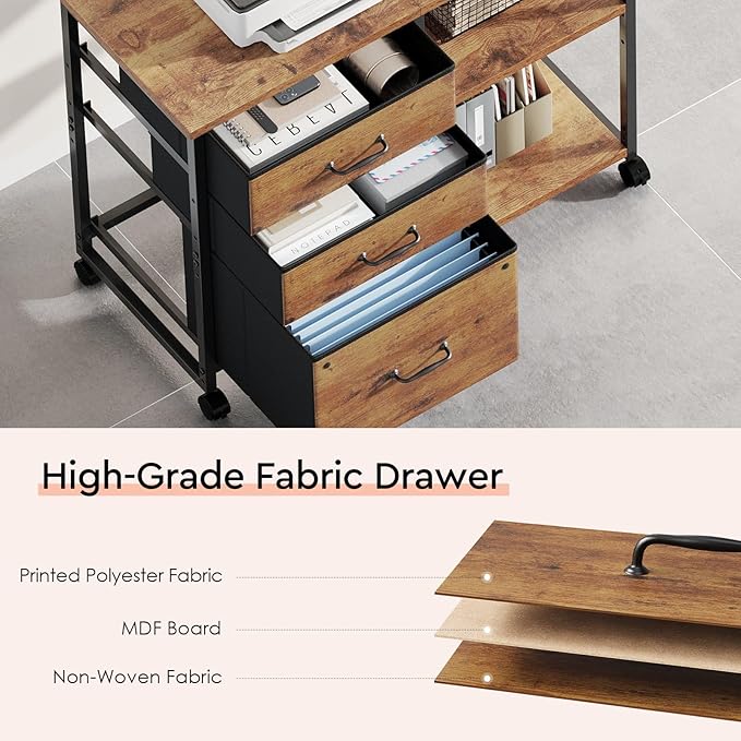 3 Drawer File Cabinet with Wheels Rolling Printer Stand with Open Storage Shelf Fabric Lateral Filing Cabinet for Home OfficeRustic Brown2
